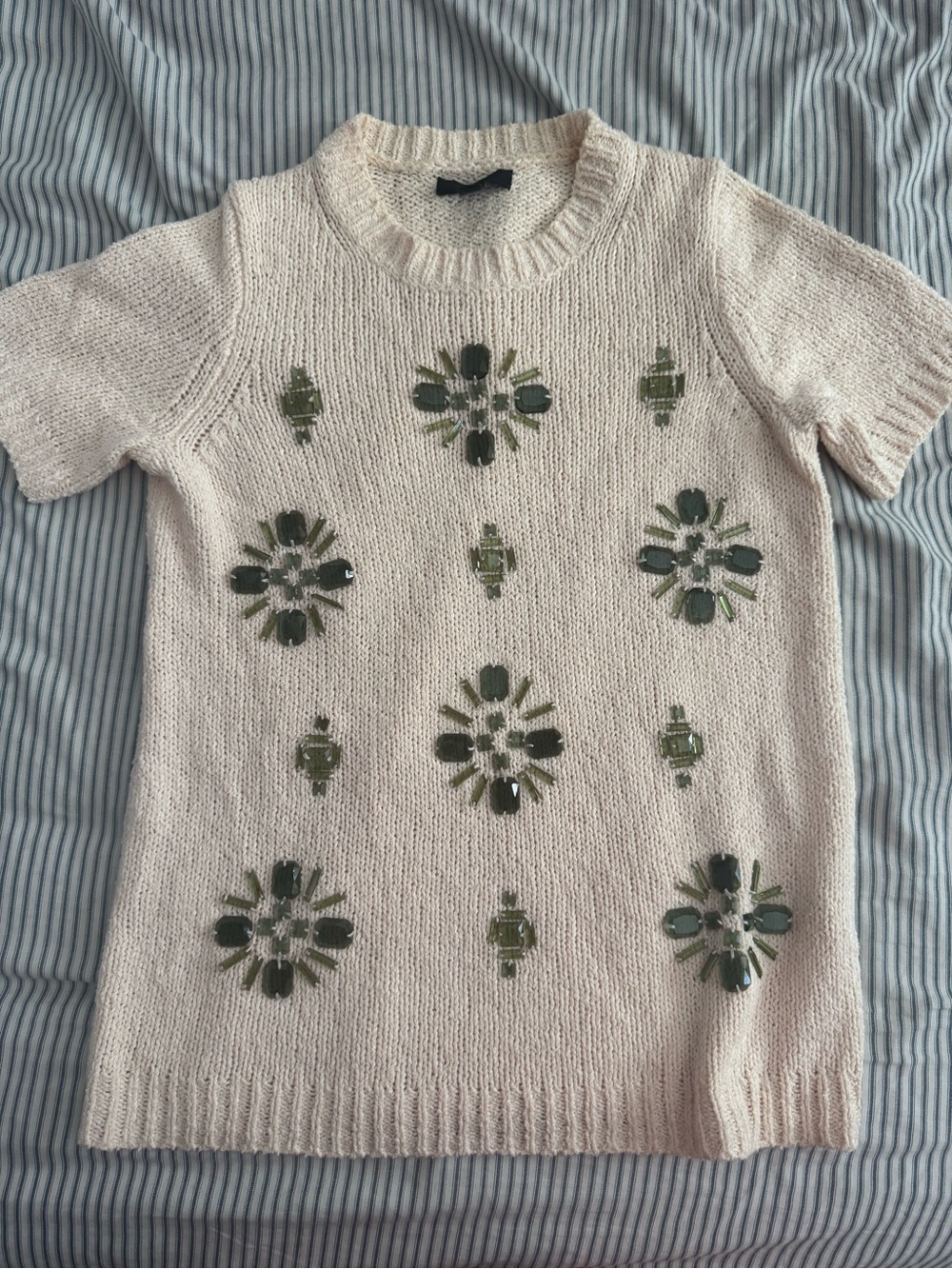 J. Crew Cream Short-Sleeve Crewneck Sweater Sequin Jeweled Embellishments XS